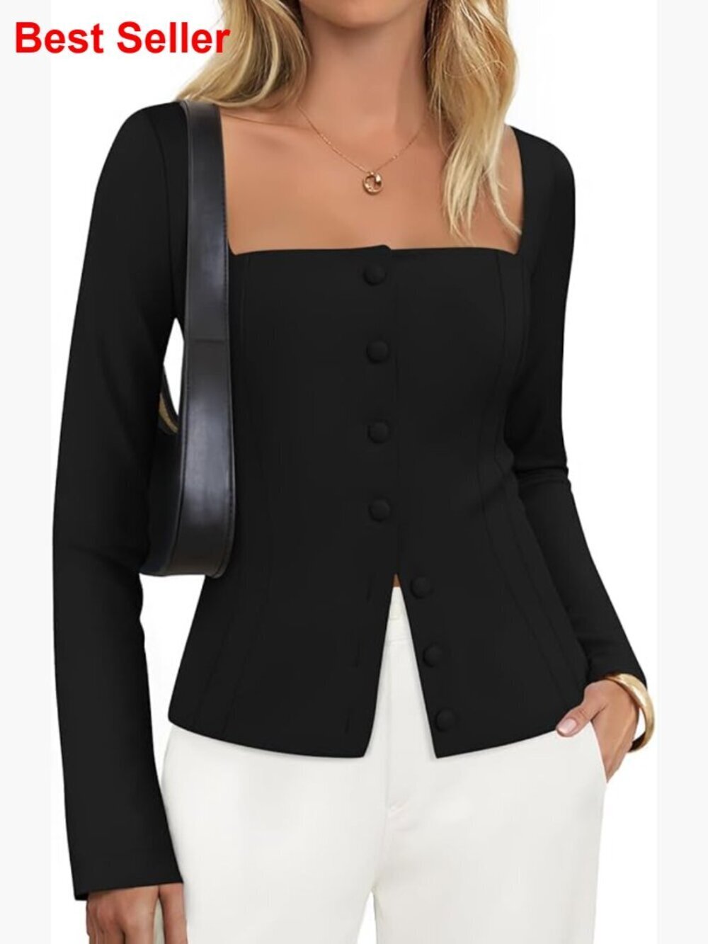 Square Neck Fitted Blazer Jacket Long Sleeve Button Up Nylon Blend